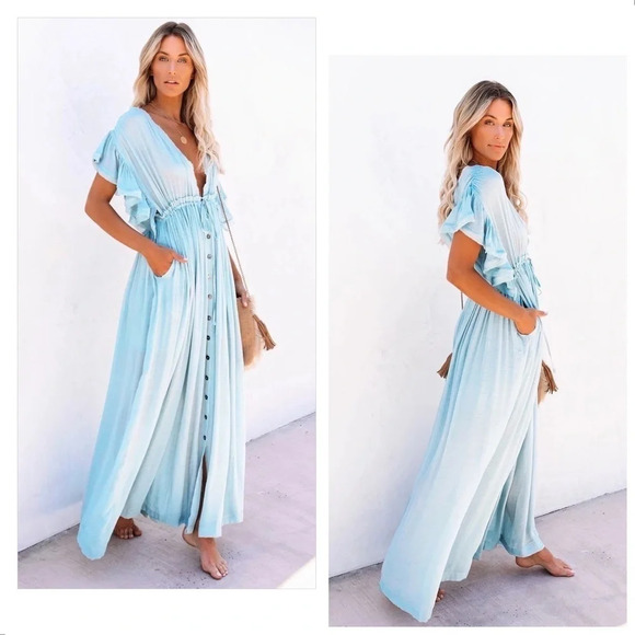 Boho Summer Front Button Flutter Sleeve Lounge Beach Coverup/Maxi Dress NEW - Picture 8 of 11